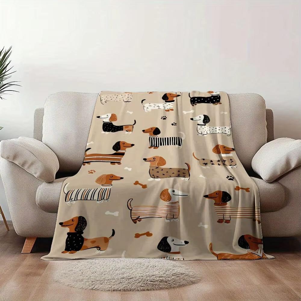 Dachshund Print Flannel Blanket Brown Black White Cozy Dog Pattern For Home Or Travel Year Round Use 75cmx90cm