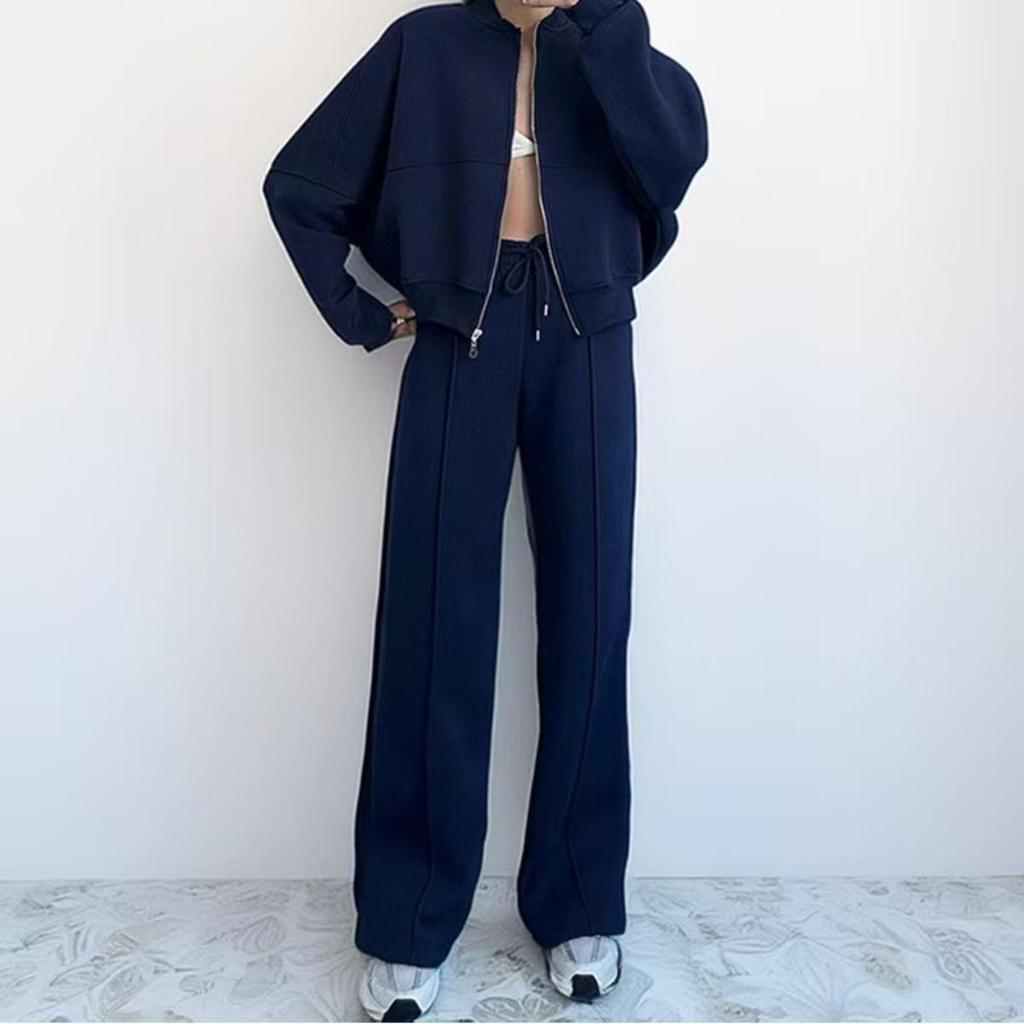 Autumn Solid Color Zipper Casual Sports Long Sleeved Top with Drawstring Casual Pants Two-piece Set