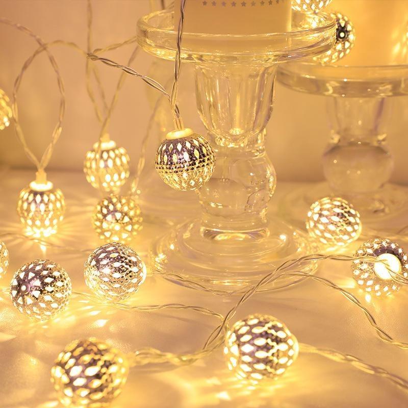 Iron Moroccan Ball Light String Ramadan Atmosphere Decoration LED Light String Cabinet Courtyard Decoration Hollow Ball