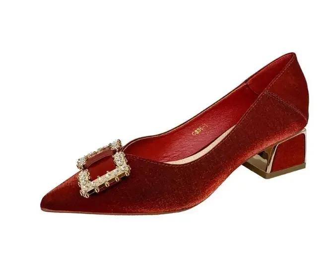 Fashion Women's Spring and Summer New Pointy High Heels Metal Buckle Wine Red Light Mouth Thick Wedding Shoes