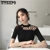 WTEMPO Koreanisch Chic Ausgeschnitten Schräge Schulter Kurzarm T-Shirts Damen Sommer Einfarbig Slim Fit Stricktops
