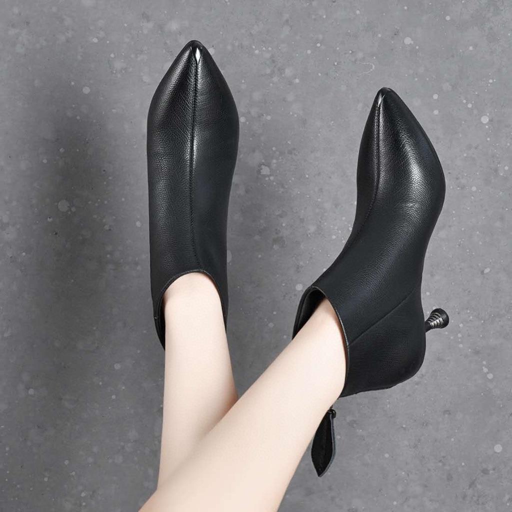 Fashion pointed toe bare boots early autumn new first-layer cowhide iron bag pointed rear zipper fashion short boots ankle boots