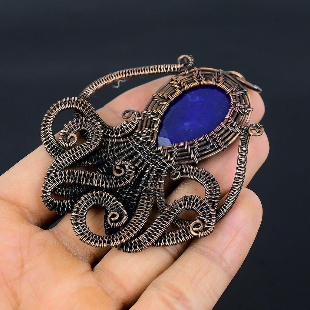 Blue Sapphire Pendant, Handmade Gemstone Pendant, 999 Copper Wire Wrapped Pendant Antique Jewelry, For Engagement Gift