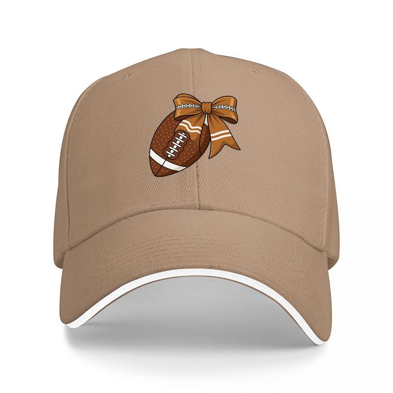 Football Bow Design Baseball Cap with Brown Ribbon and White Stripe Pattern on Black Adjustable Hat for Sports Fans