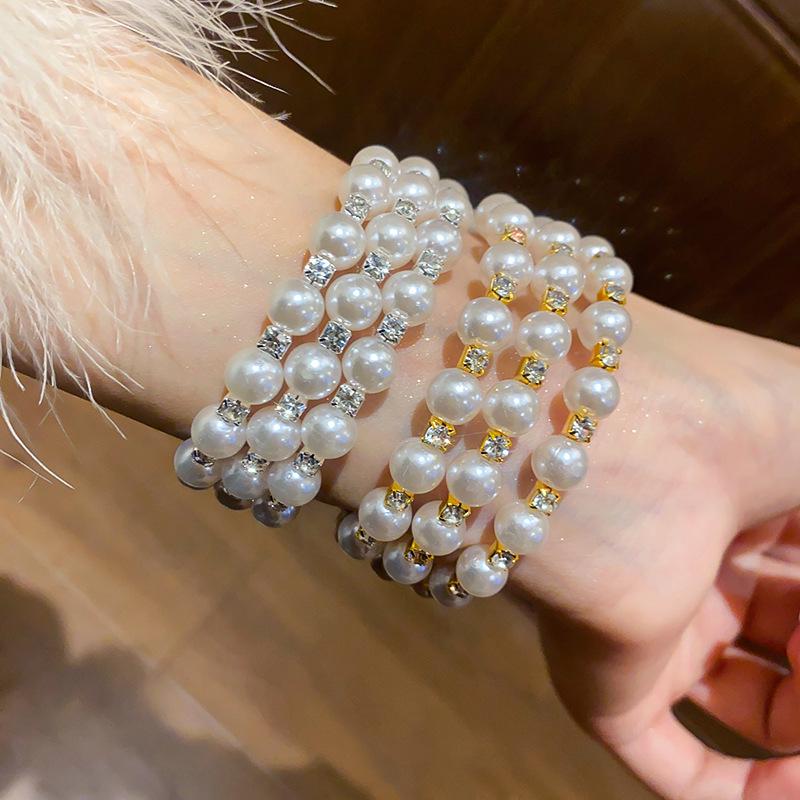Retro French-Style Diamond and Pearl Open Bangle Bracelet