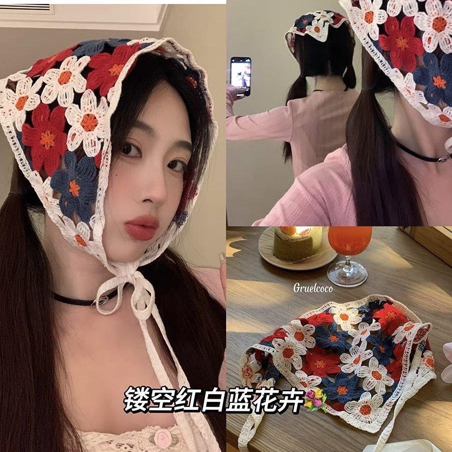 Triangle towel cute flower dopamine French retro headscarf spring and summer travel sweet literary knitting hollow straps
