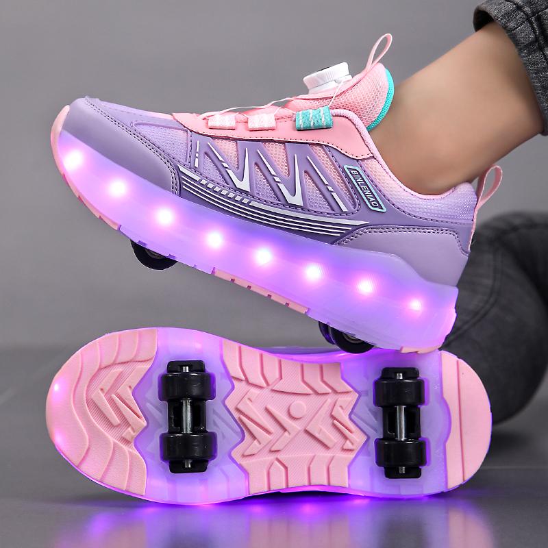 Four-wheel Running Shoes Detachable Flat Shoes Rechargeable USB Luminous Sports Light Shoes Girls Roller Skates Boys Shoes