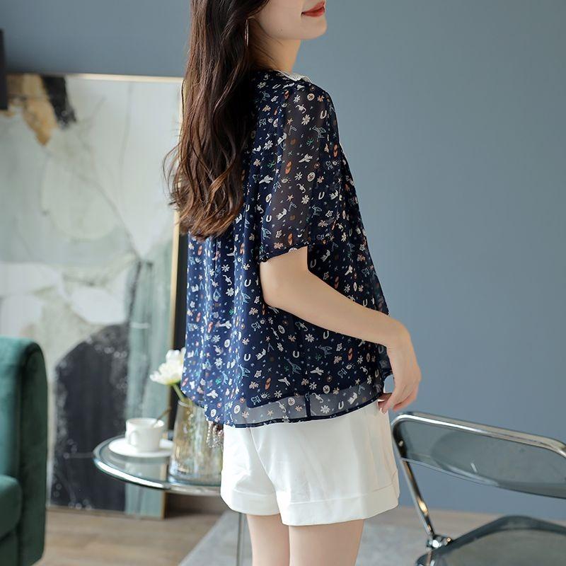 navy blue floral printed v neck lace trim puff short sleeve chiffon blouse for women