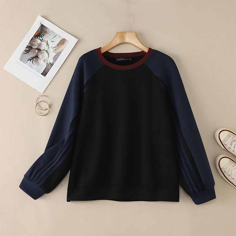 ZANZEA Women Casual Round Neck Patchwork Long Sleeve Pullover Sweatshirts