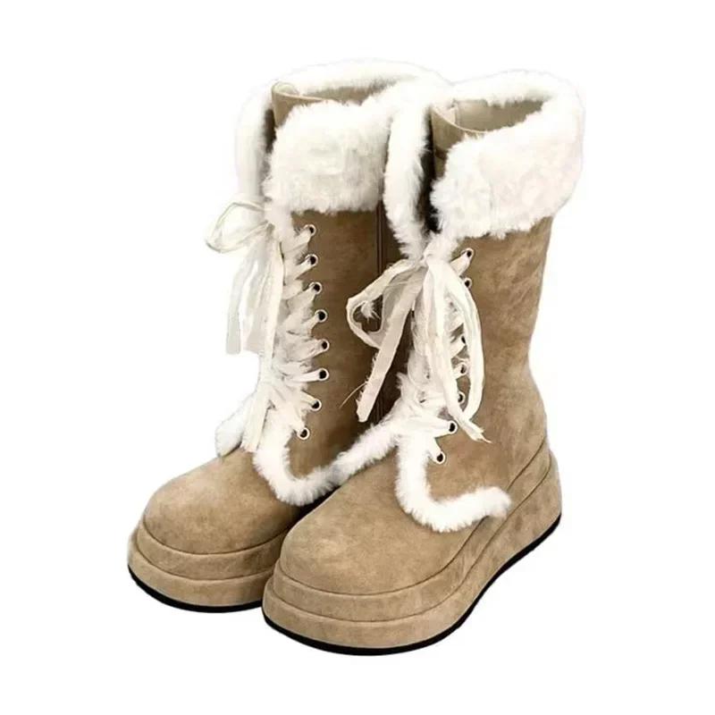 Design Women's Mid Calf Snow Boots Retro Platform Wedges High Heels Winter Warm Plush Flock Short Booties Sweet Cute Shoes 2024