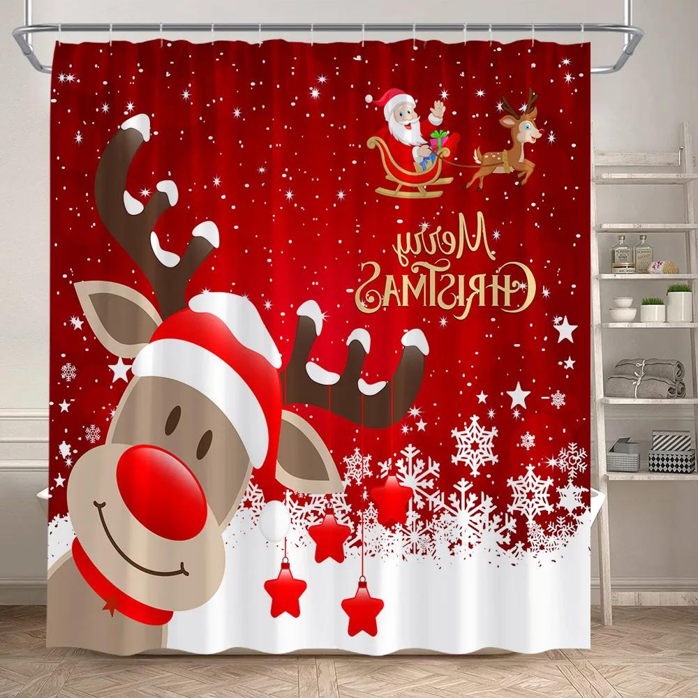 Red Christmas Shower Curtain Set Funny Santa Claus Gift Green Pine Branches Xmas Balls Home Bathroom Decor Bath Mat Toilet Cover