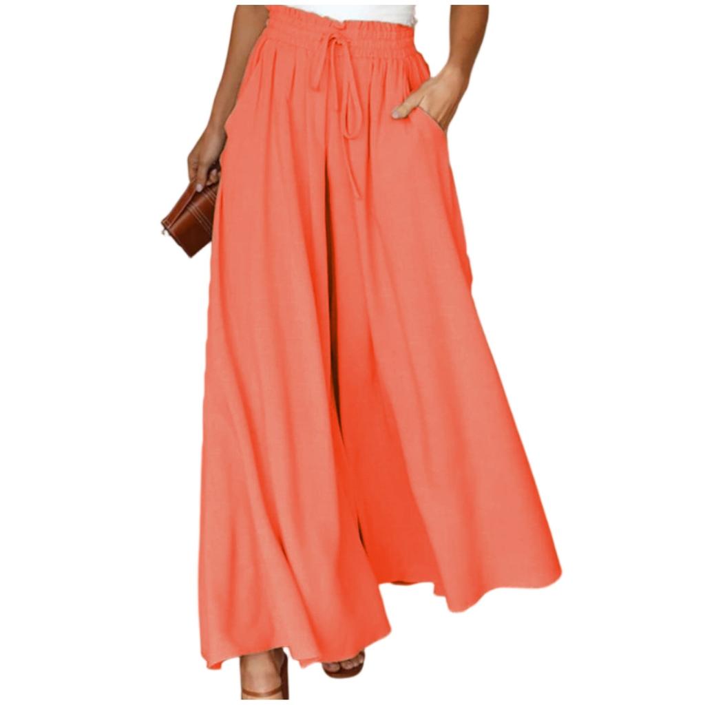 Women's Casual Fashion Elastic Waistband Wide Leg High Waist Long Skirt Pants