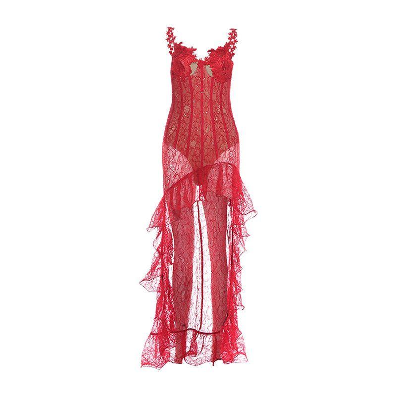 European and American Autumn New Cross-Border Style Sleeveless Irregular Niche Slim-Fit Sexy Waist-Cinching Spaghetti Strap Dress Women s Clothing Red S