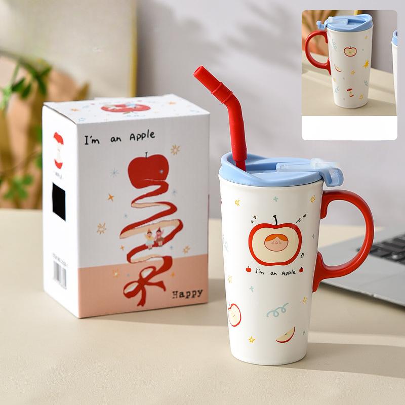 Cute Red Apple Tall Mug Ceramic Cup with Lid Girl Couple Milk Tea Cold Drink Straw Cup
