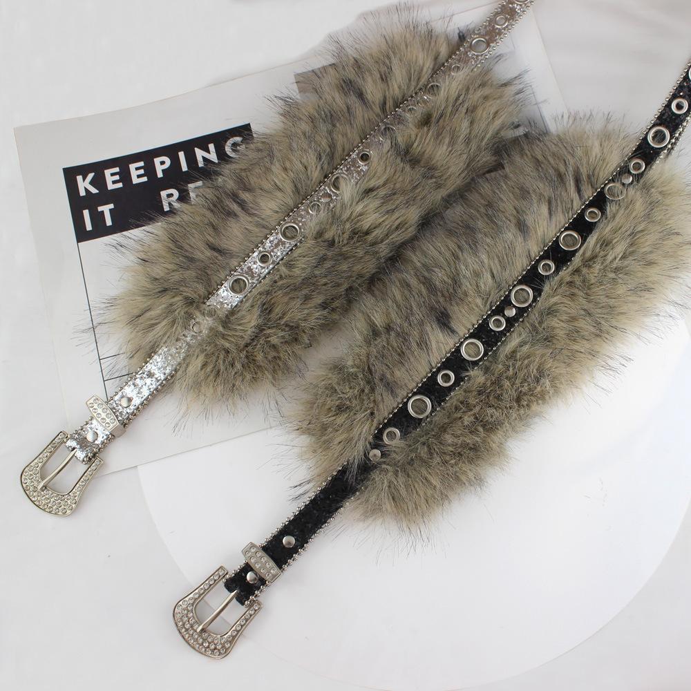 Vintage Faux Fur PU Leather Belt Y2K Furry Fur Gothic Punk Sexy Waistband Night Club Waist Chain Jeans Pants Decor