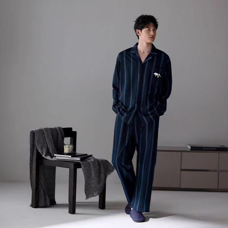 Men's 100% Cotton Pajama Set for Spring & Autumn: Long Sleeve, Long Pants, Versatile Outdoor Wear