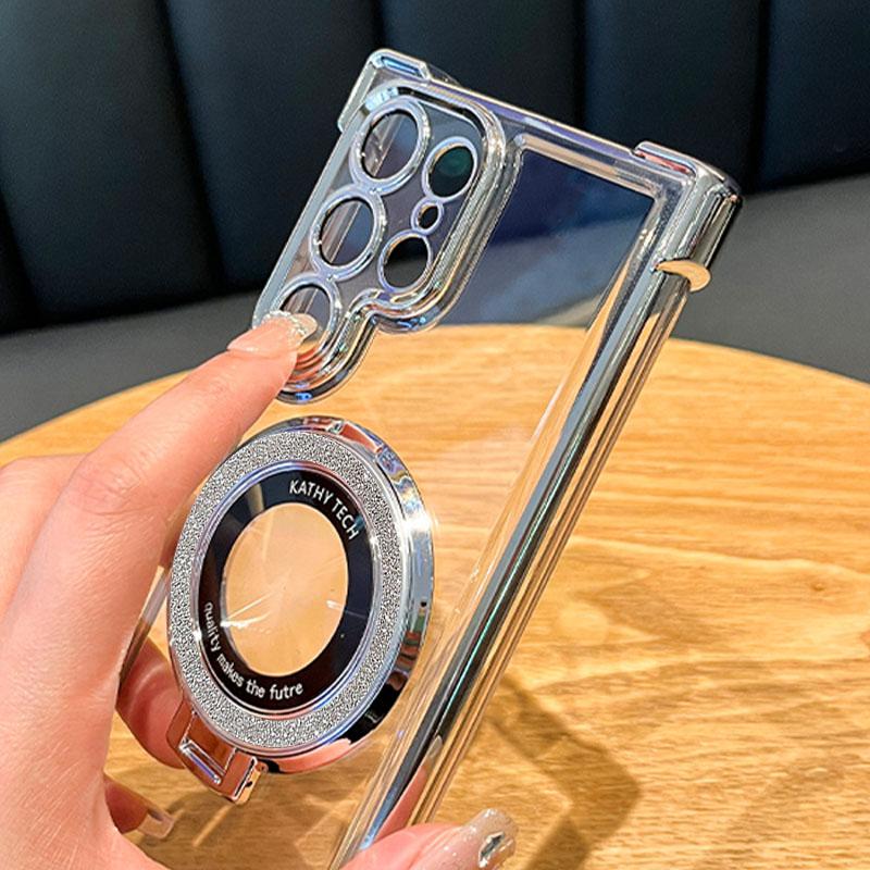 Luxury Plating Transparent Case For Samsung S25 Ultra S24 Plus S23 S22 S21 S20 FE For Magsafe Glitter Magnetic Stand Phone Cover