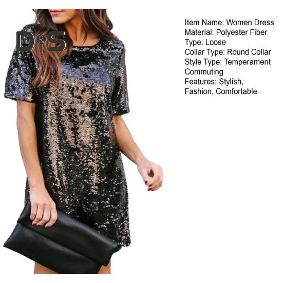 Women's Summer Sequin Midi Dress Casual Crew Neck Short Sleeve T-shirt Dress Sparkly Cocktail Party Dress