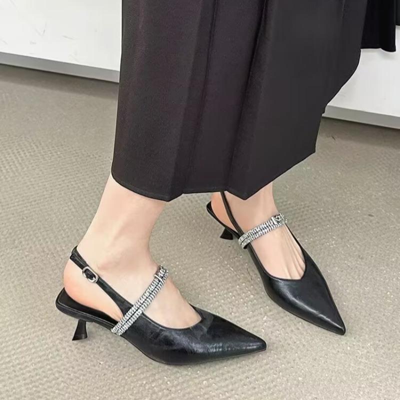 Stiletto Sandals Spring New Style Pointed Head Shallow Mouth Metal Buckle Crystal Belt Anti-slip Wear-resistant Heel Shoes