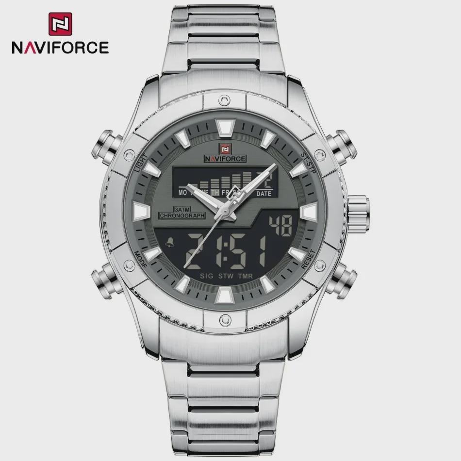 Mens Steel Watch Waterproof Dual Display Time Multi-Function Chronograph LED Digital Watches Sport Alarm Mode Clock Silver Strap темно серый