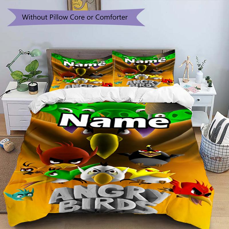 3pcs Duvet Cover Set (1*Duvet Cover + 2*Pillowcase, Without Core), Custom Name Angry Birds Pattern Bedding Set, Home Bedroom Decor Gift
