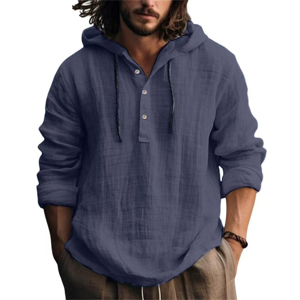 Men's Cotton Linen Hooded Sweatshirt - Casual Solid Color, Long Sleeve, Trendy Autumn Wear