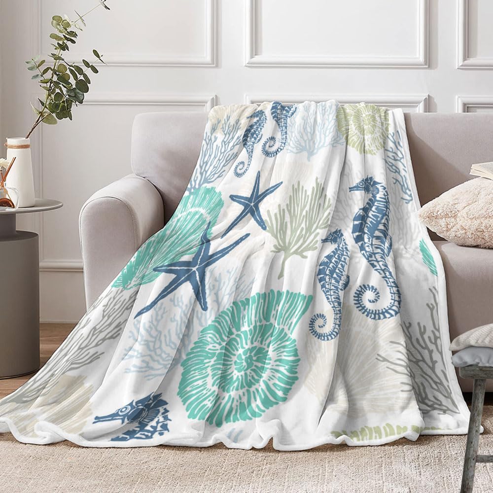 Beach Ocean Throw Blanket, Nautical Coastal Throw Blanket, Summer Blue and Teal Soft Fuzzy Blanket, Ocean Animal Theme Decor for Couch Bed Sofa