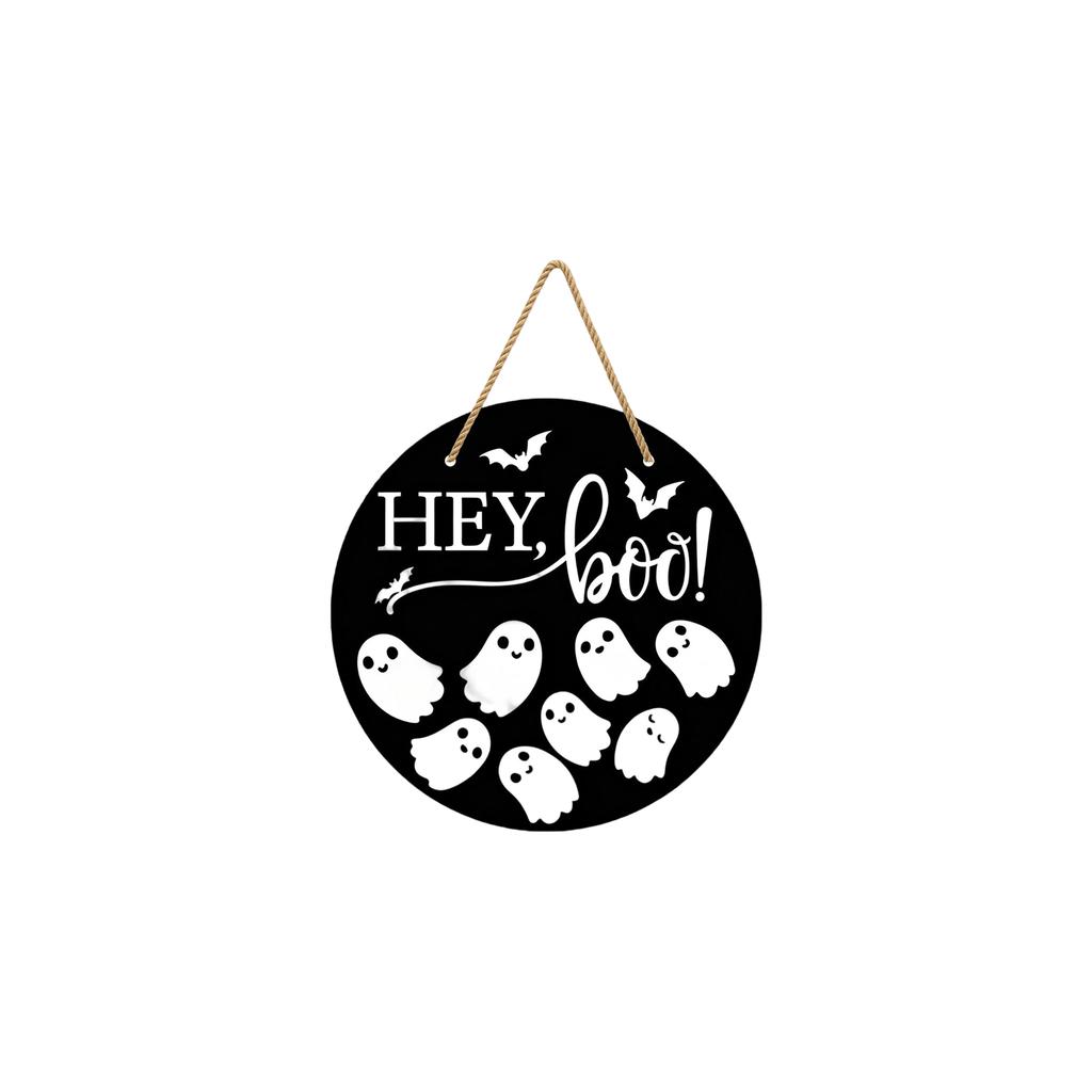 Halloween Wooden Hanging Sign Ghost and Bat Design Round Door Decor with Rope for Seasonal Holiday Decoration Indoor Outdoor Use