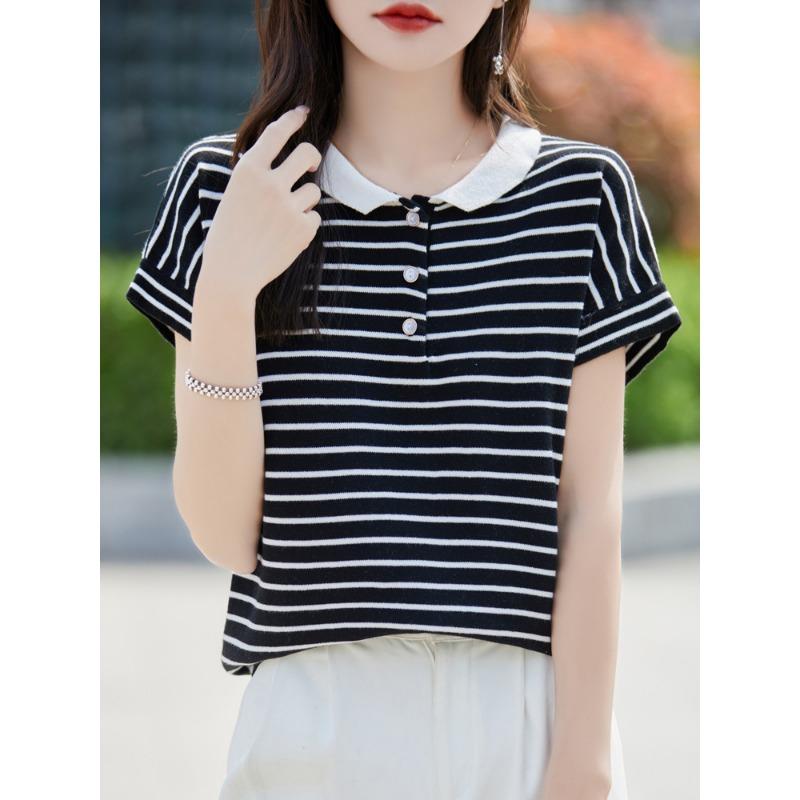 

Новая летняя женская трикотажная футболка из хлопка в французскую полоску с коротким рукавом, свободный нишевый дизайн, поло, маленький отложной воротник XXL