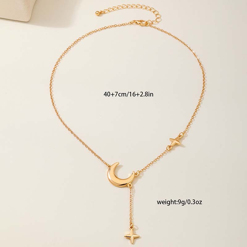 Fashion Gold Silver Color Star Moon Pendant Necklace For Women Simple Metal Long Tassel Cross Chain Necklace Jewelry