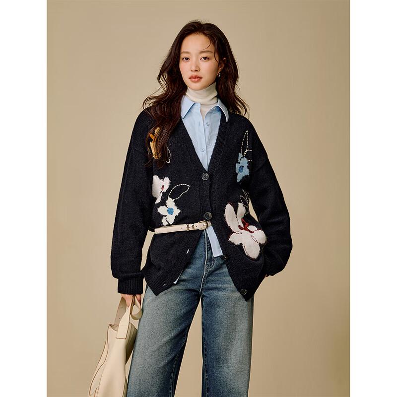 INMAN 2025 Winter Women's V-Neck Wool Blend Embroidered Floral Knit Cardigan