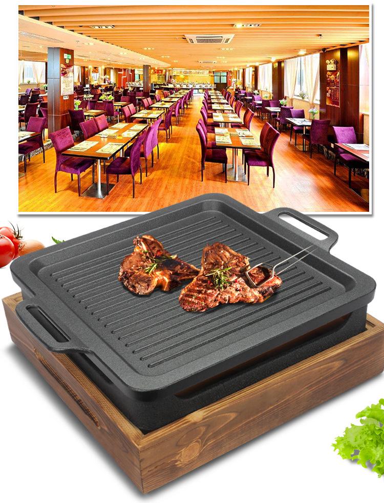 Rectangular Non-Stick BBQ Grill with Wooden Base and Alcohol Stove