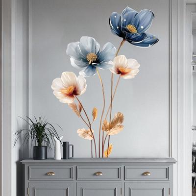 3D Blume Wandaufkleber Abnehmbar Wasserdicht Floral Wanddekal Gold Blau Weiß Abziehen und Aufkleben Blumenwandbild für Schlafzimmer Wohnzimmer Büro Heimdekor