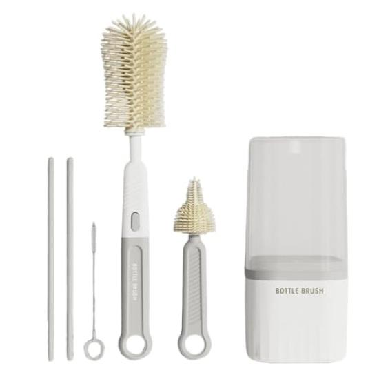Asdays Baby Bottle Brush, Travel Bottle, Silicone Bottle Cleaning Brush, Drying Stand, Easy To Clean (White, Type B)