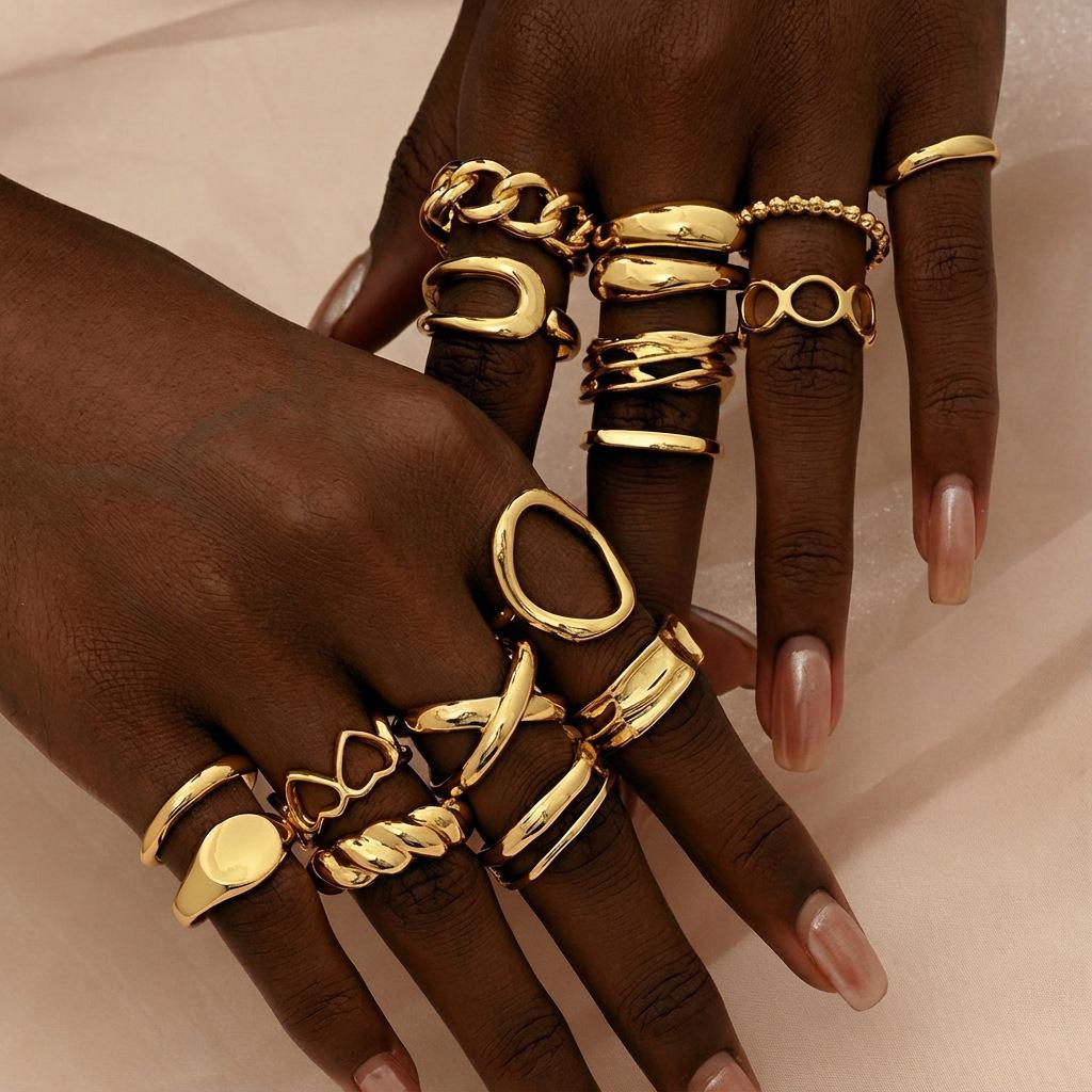 European and American Trendy 16-Piece Geometric Adjustable Ring Set