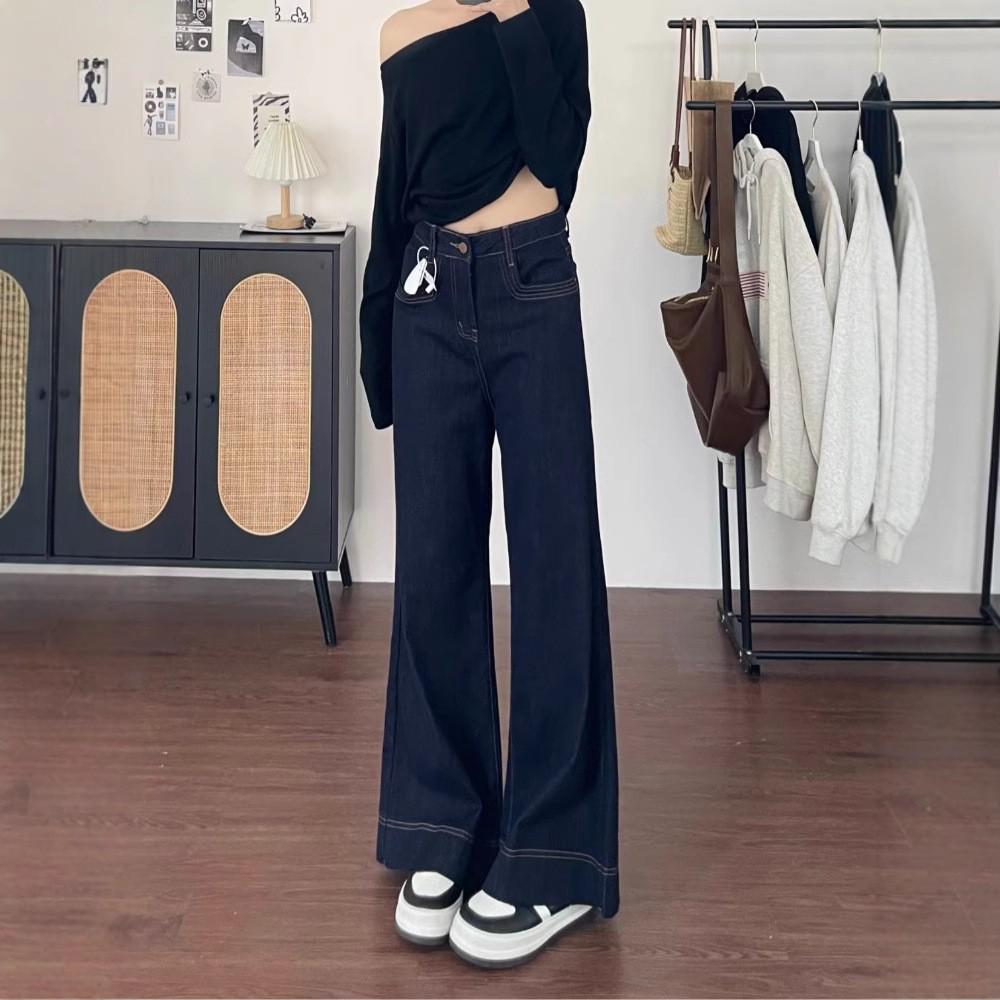 

2024 Темно-синие женские широкие джинсы клеш с высокой посадкой для миниатюрных фигур для весны и осени Extra Large