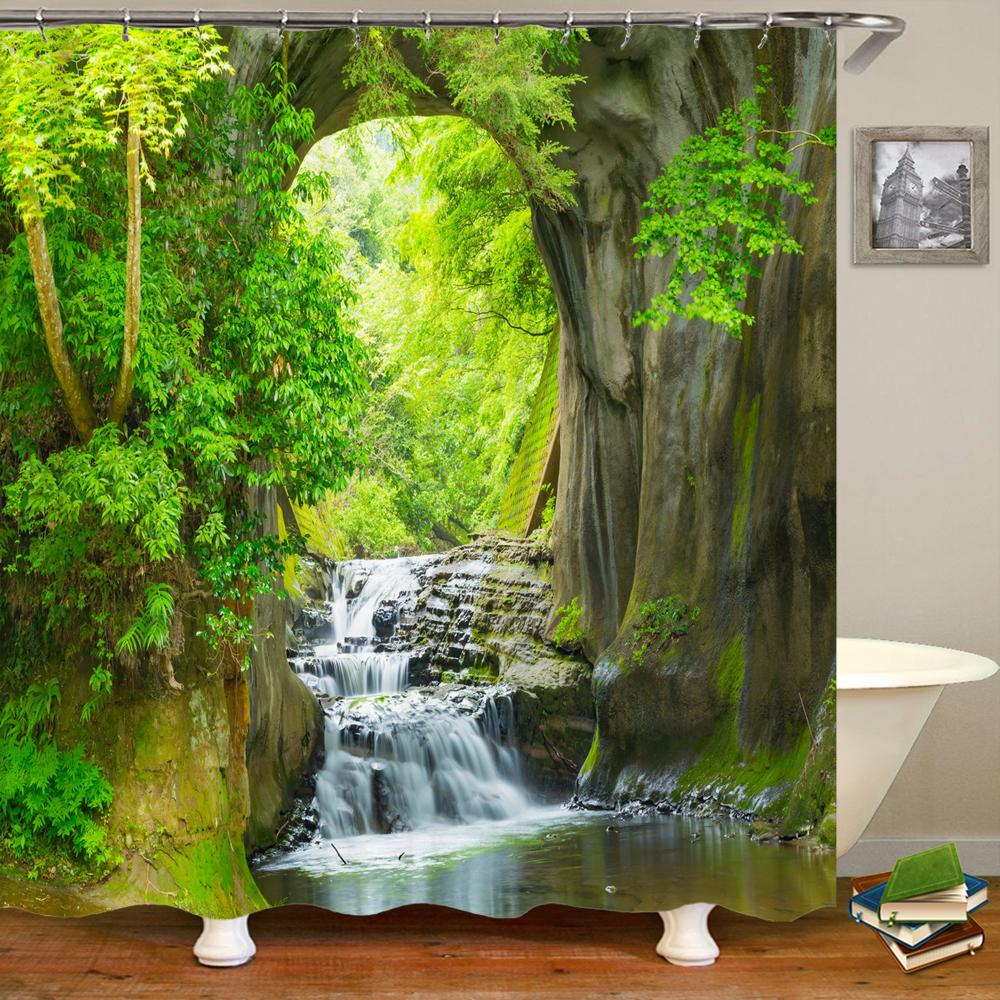 3D Shower Curtain Nature Forest Waterfall Landscape Bathroom Curtains Waterproof Fabric With Hooks Home Decoration Bath Curtain