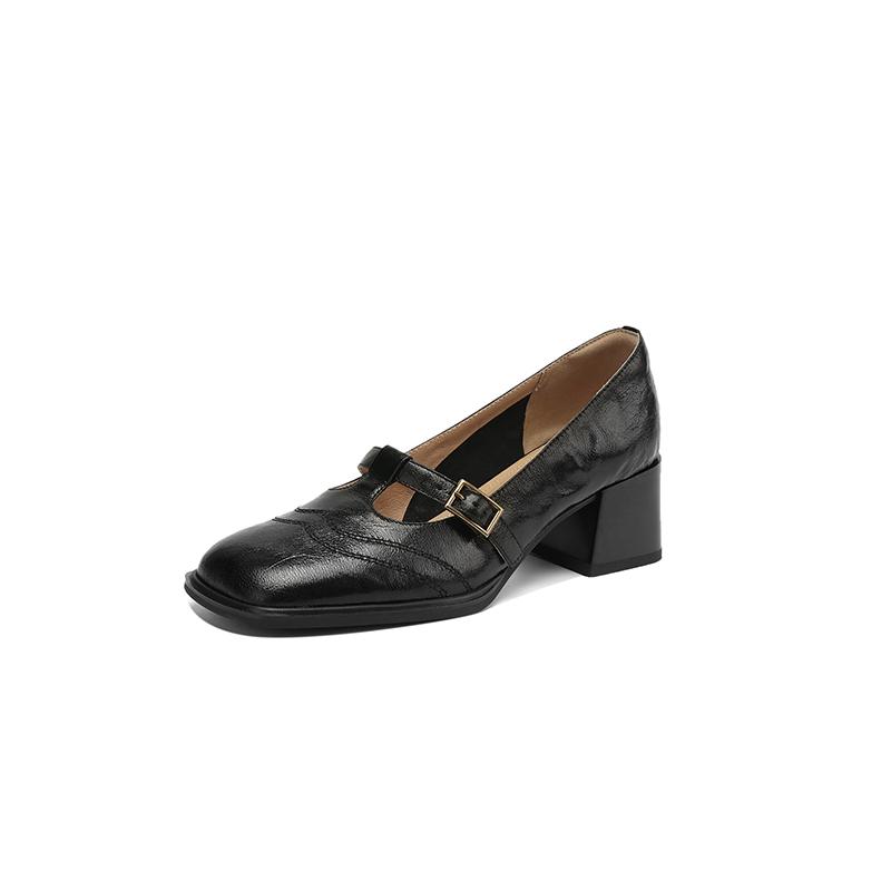 Fashion New Spring/summer Genuine Leather Mary Jane Shoes for Women Fashion Square Toe Shoes High Heels Women Pumps Chunky Heel Black