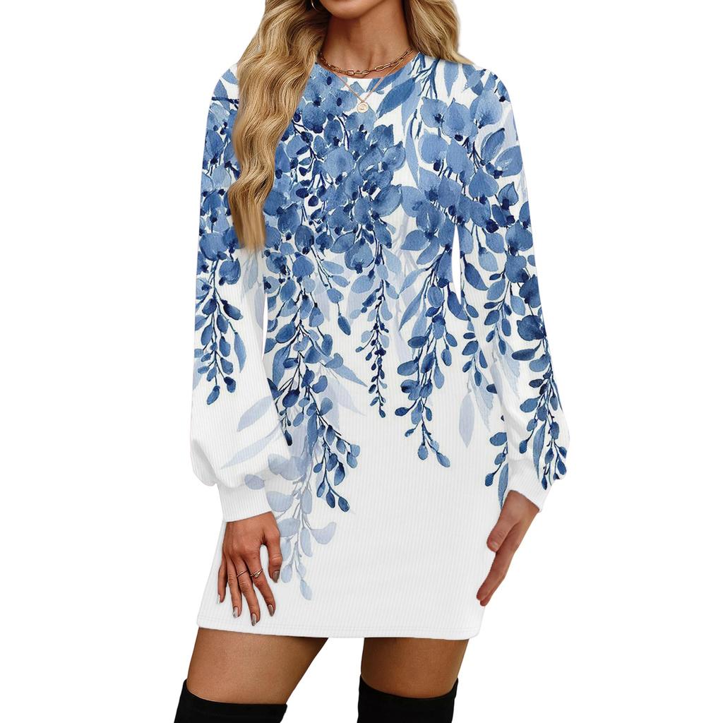 Damenmode Lässiges Rundhals Langarmkleid