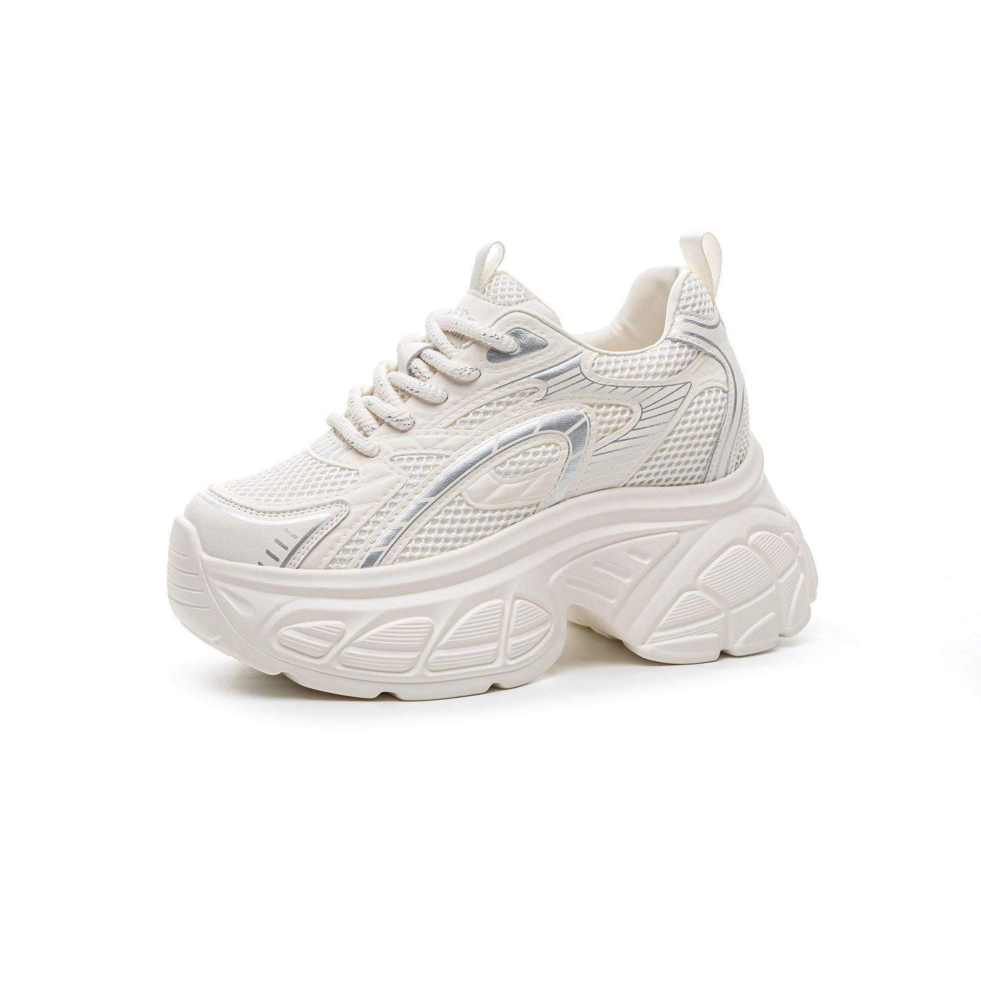 

Leather dad shoes women s summer new versatile silver thick-soled inner height-increasing mesh breathable sports and leisure shoes 40 бежевий
