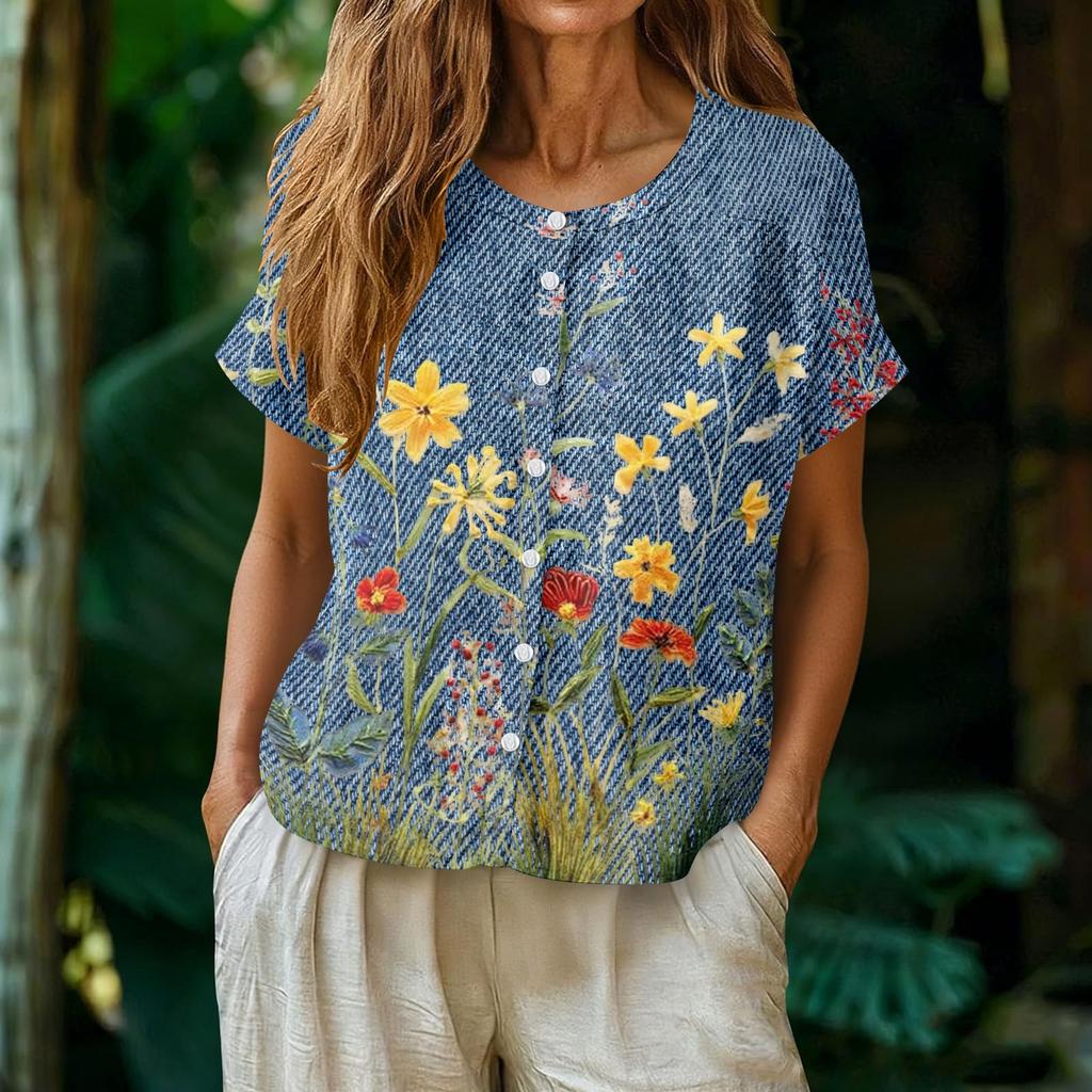 Women's Neck Floral Print Blouse with Single Button Placket