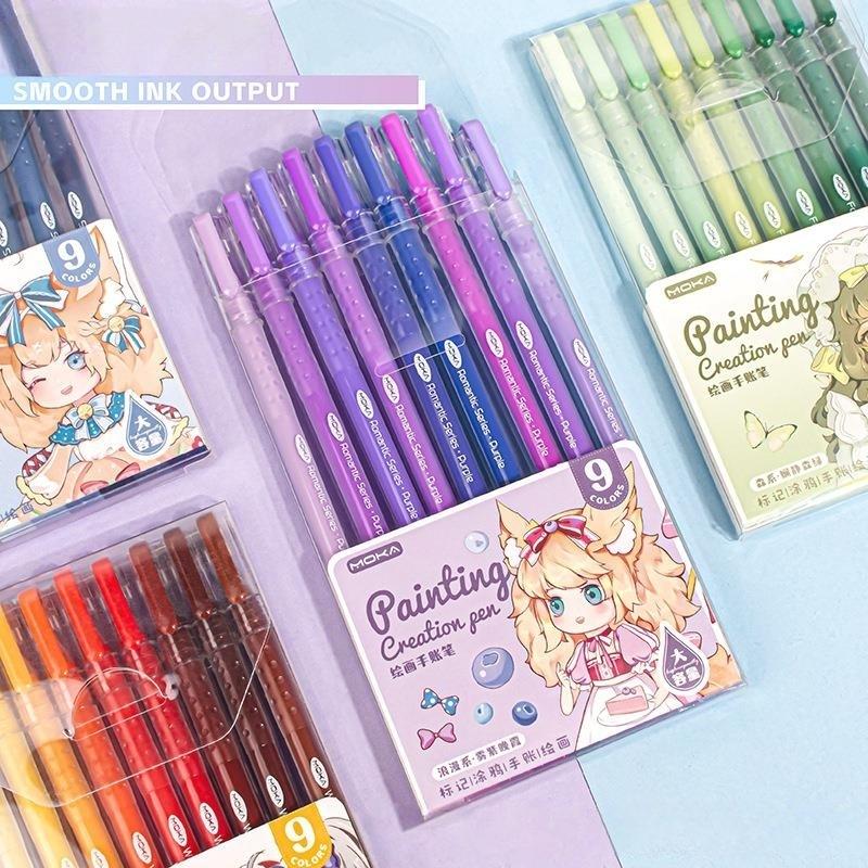 9pcs Romantic Multi Color Pens Set Gel Ink Vintage Marker Liner 0.5mm Ballpoint Stationery Gift