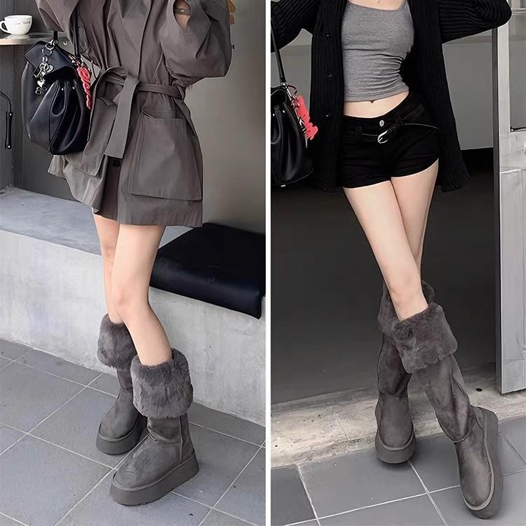 Wool version~ grey tall snow boots women's new winter thick-soled boots with fleece and thicker two thermal cotton boots