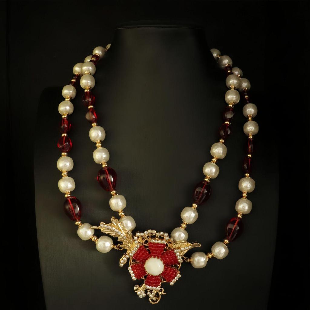 Baroque Pearl Stud Earrings & Red Hand-Woven Necklace Set