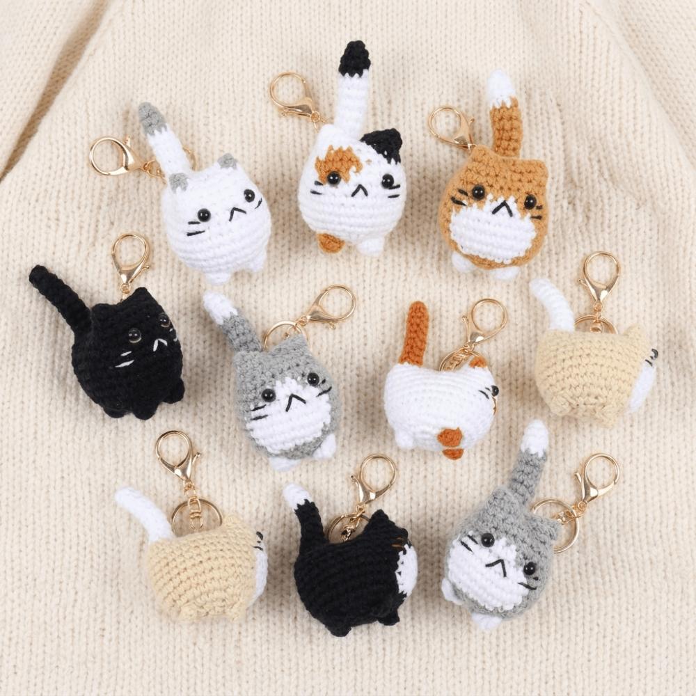 Cartoon Cat Crochet Keychain Handmaking Knitted Cat Keychain Creative Crochet Kitten Keyrings  Gift