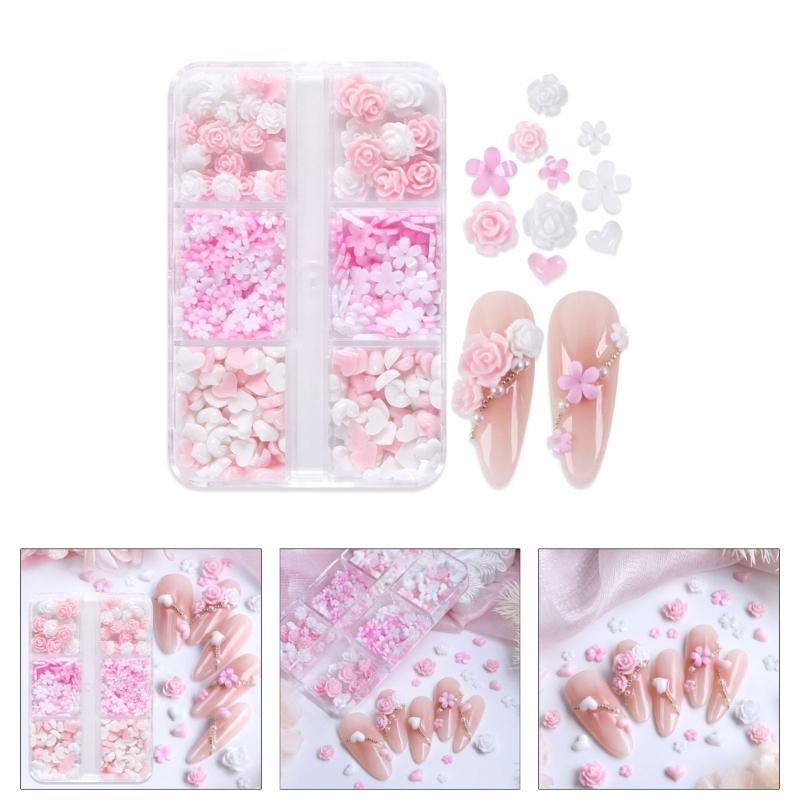 6 Fächer Herz Nagelanhänger Harzblumen Nagelkunst Anhänger Schöne Nageldekorationen für Bastelarbeiten Schmuckherstellung