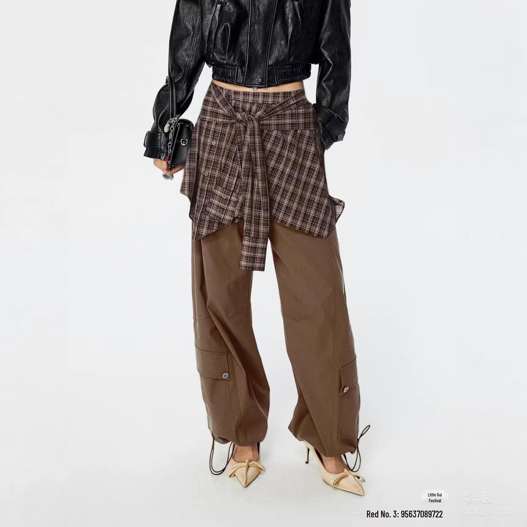 

In Stock Spring 2026 Brown Plaid Cargo Layering Pants - Style RK11301366 Large