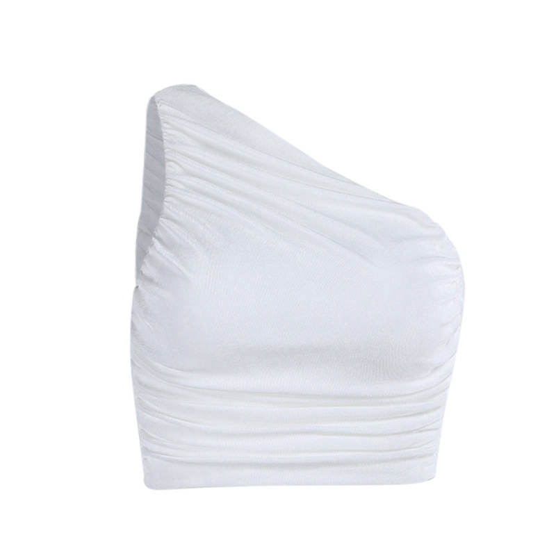 Summer Soild Color Slim One Shoulder Crop Top Pleated Vest Short Shirring Ladies Short Tank Top