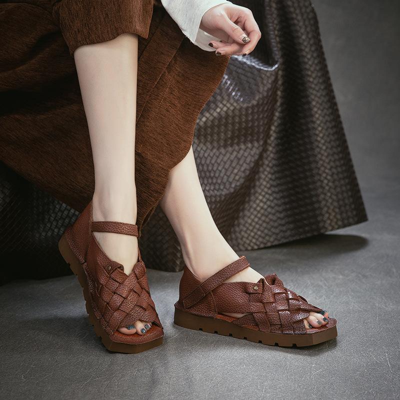 2026 Summer New Arrival Genuine Leather Women Roman Sandals Retro Woven Ankle Strap Breathable Open Toe Comfortable Flats