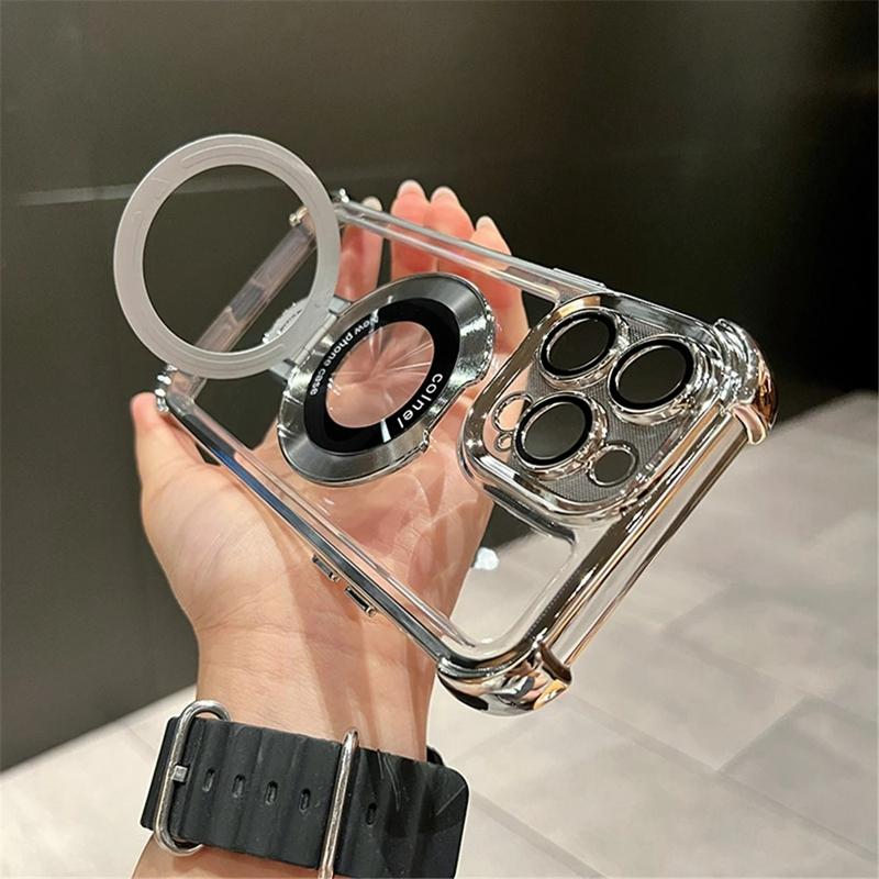 Luxury Shockproof Magsafe Clear Phone Case For iPhone 11 12 13 14 15 16 17 Pro Max Plus Magnetic With Holder Stand Bracket Cover
